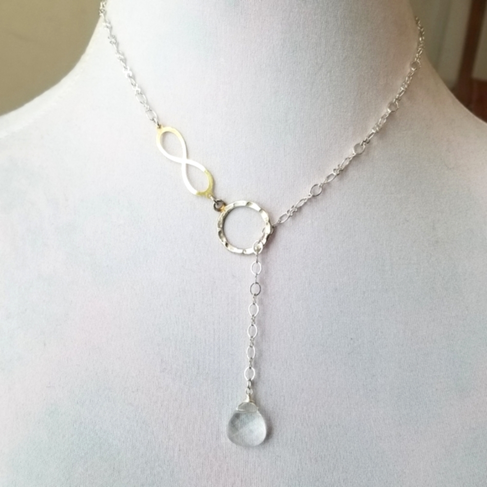 Infinity symbol necklace thread through clear briolette silver gold tone